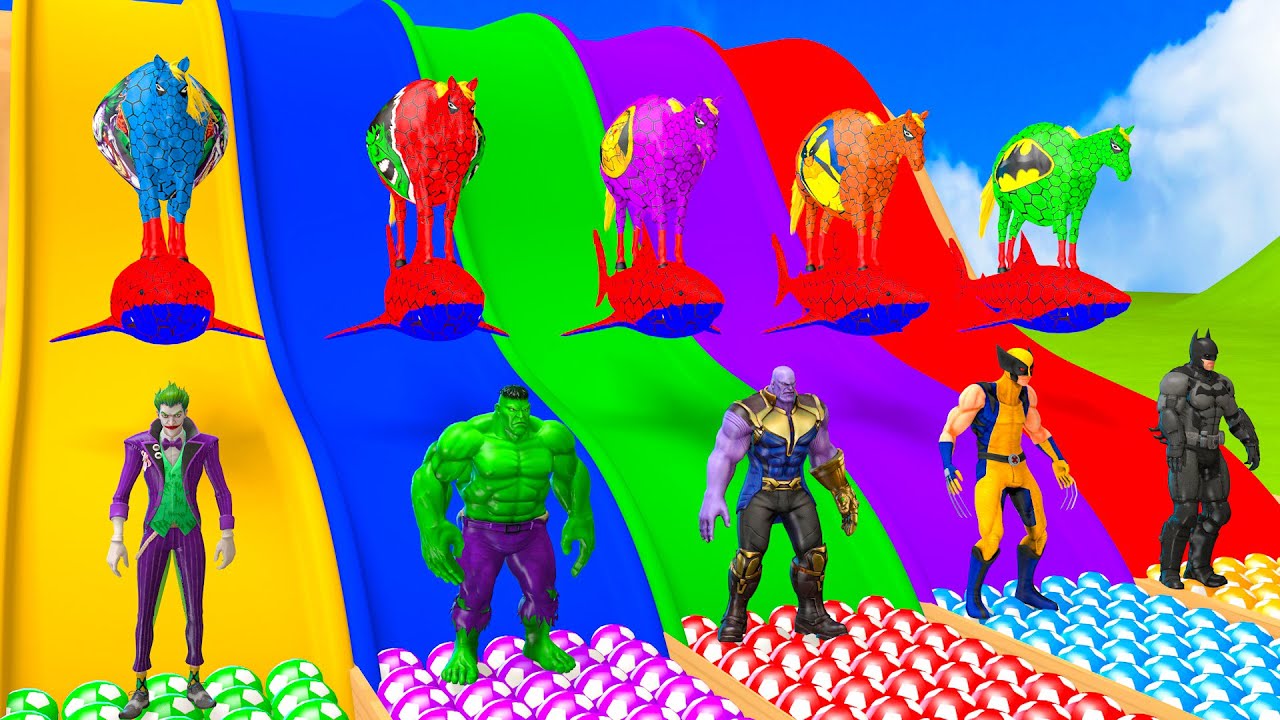 RED HORSE SPIDERMAN CROSSING FOUNTAIN ON RAINBOW SPIDERS BRIDGE AGAINST SHARKS RESCUE ANIMALS GAME​​