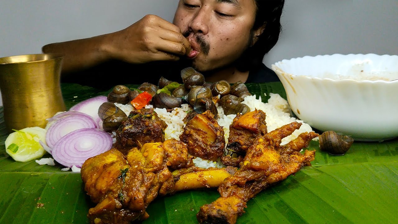 Real Mukbang:) Eating Chicken Fry & Snail Curry With Rice | Sobai Jwng Samo |