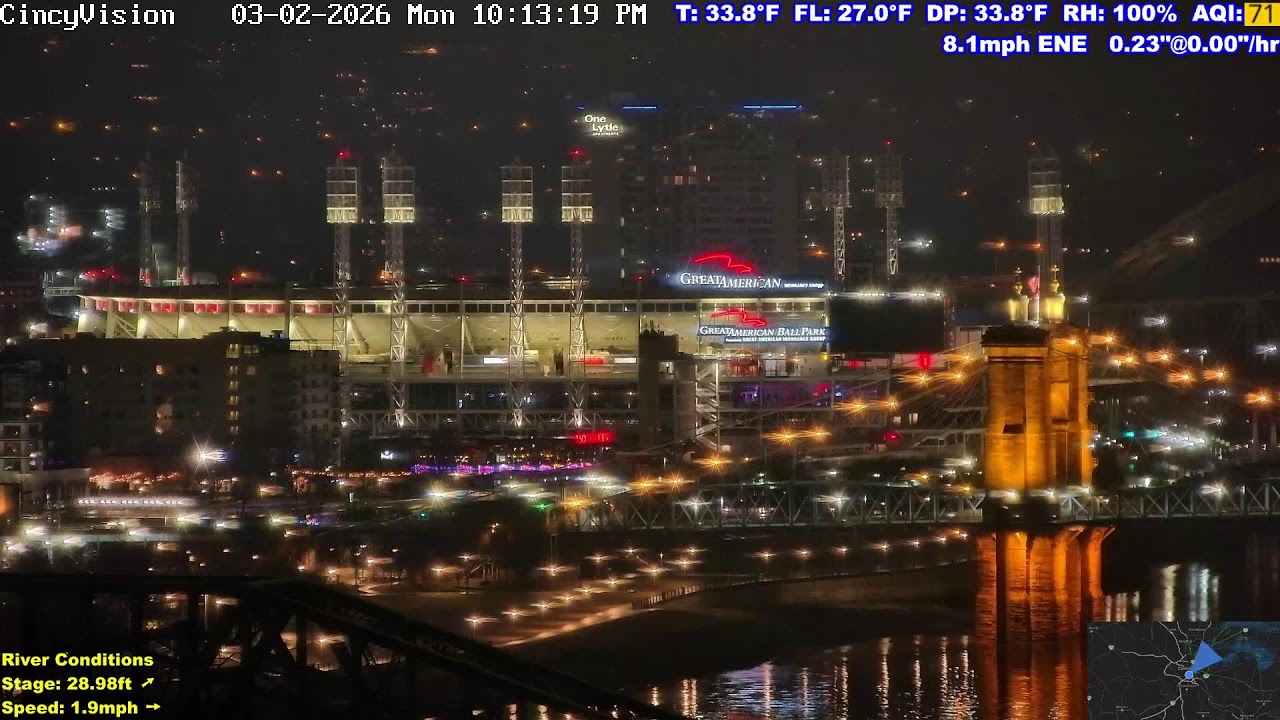 Cincinnati Skyline, Ohio River, Brent Spence Bridge - Livestream from Covington, Kentucky