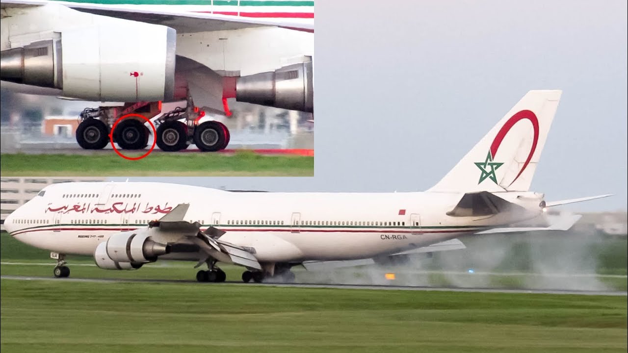 *Blown Tire on Landing!* Royal Air Maroc Boeing 747-400 landing in Montreal (YUL/CYUL)