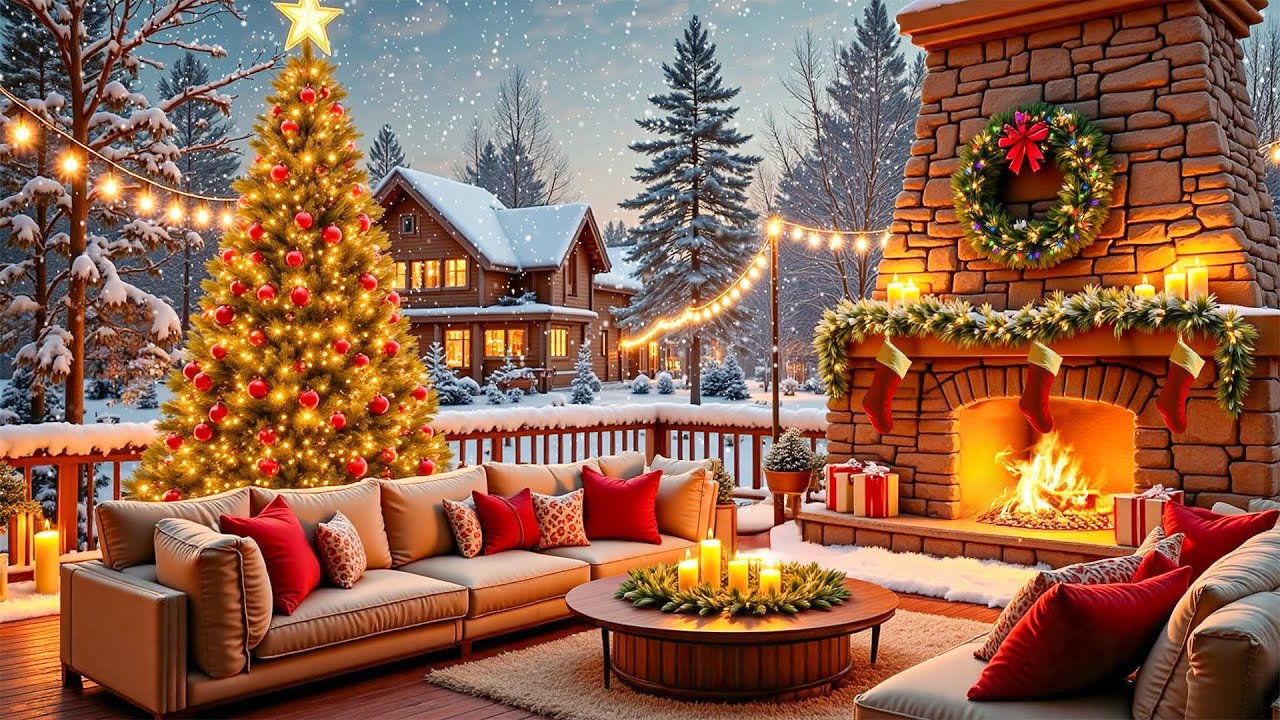 Christmas Background Music with Warm Crackling Fireplace to Relax 🎄🔥 Beautiful Christmas Ambience