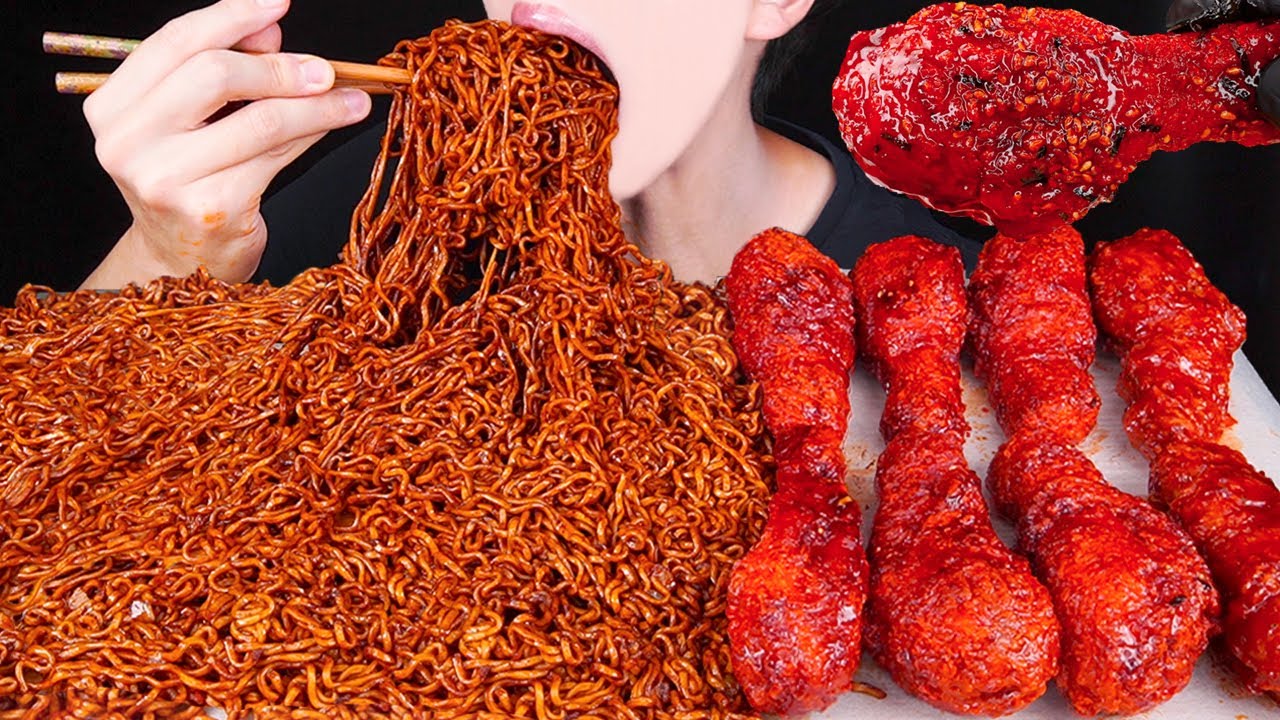 ASMR SPICY BLACK BEAN FIRE NOODLES FIRE CHICKEN FRIED CHICKEN MUKBANG 양념치킨 먹방 咀嚼音 ayam EATING SOUNDS