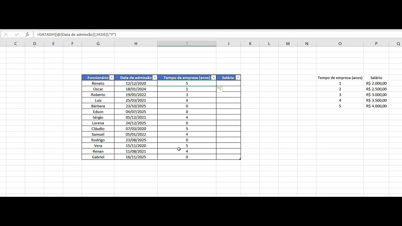 Dúvidas de Excel : Planilha de salários : (aula 1) Funções : SE,DATADIF,HOJE,ALEATÓRIO,