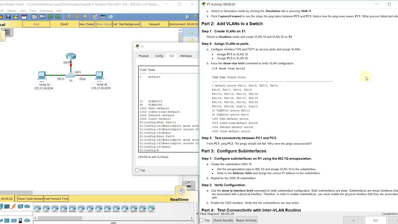 PKT 6.3.3.6 - Configuring Router-on-a-Stick Inter-VLAN Routing