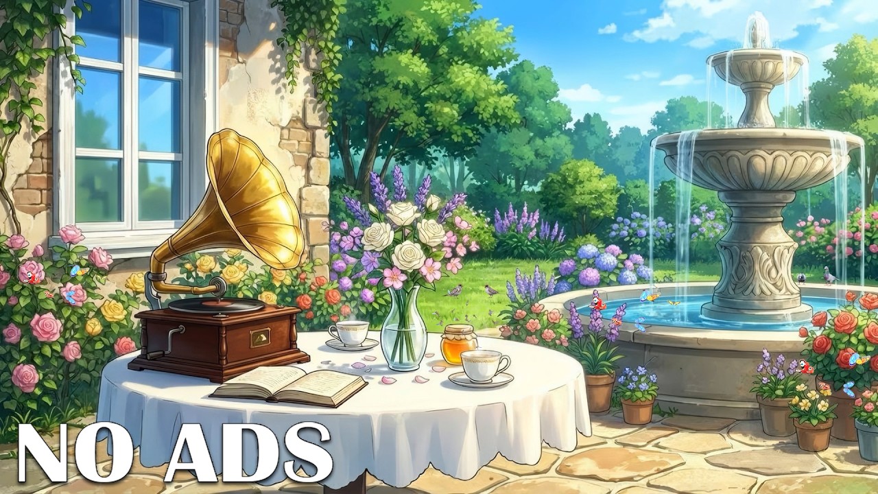 A peaceful morning in the garden, 1940s | Old music, a spring fountain and birdsong