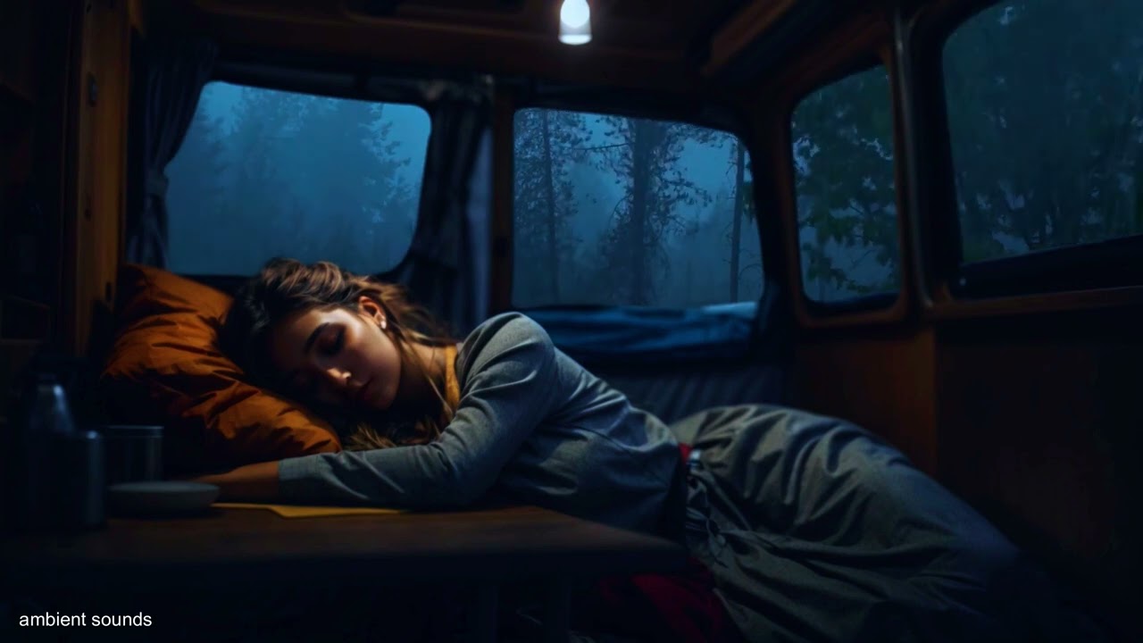 Night rest in nature. Stormy wind and heavy rain knock on the windows of the camping car. 4K(10 Hrs)