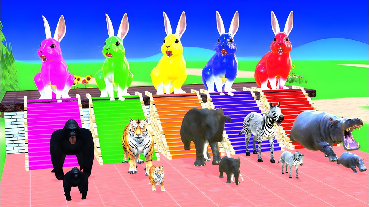 Longslidegame funny animals slide race elephant, tiger zebra vs hippopotamus 