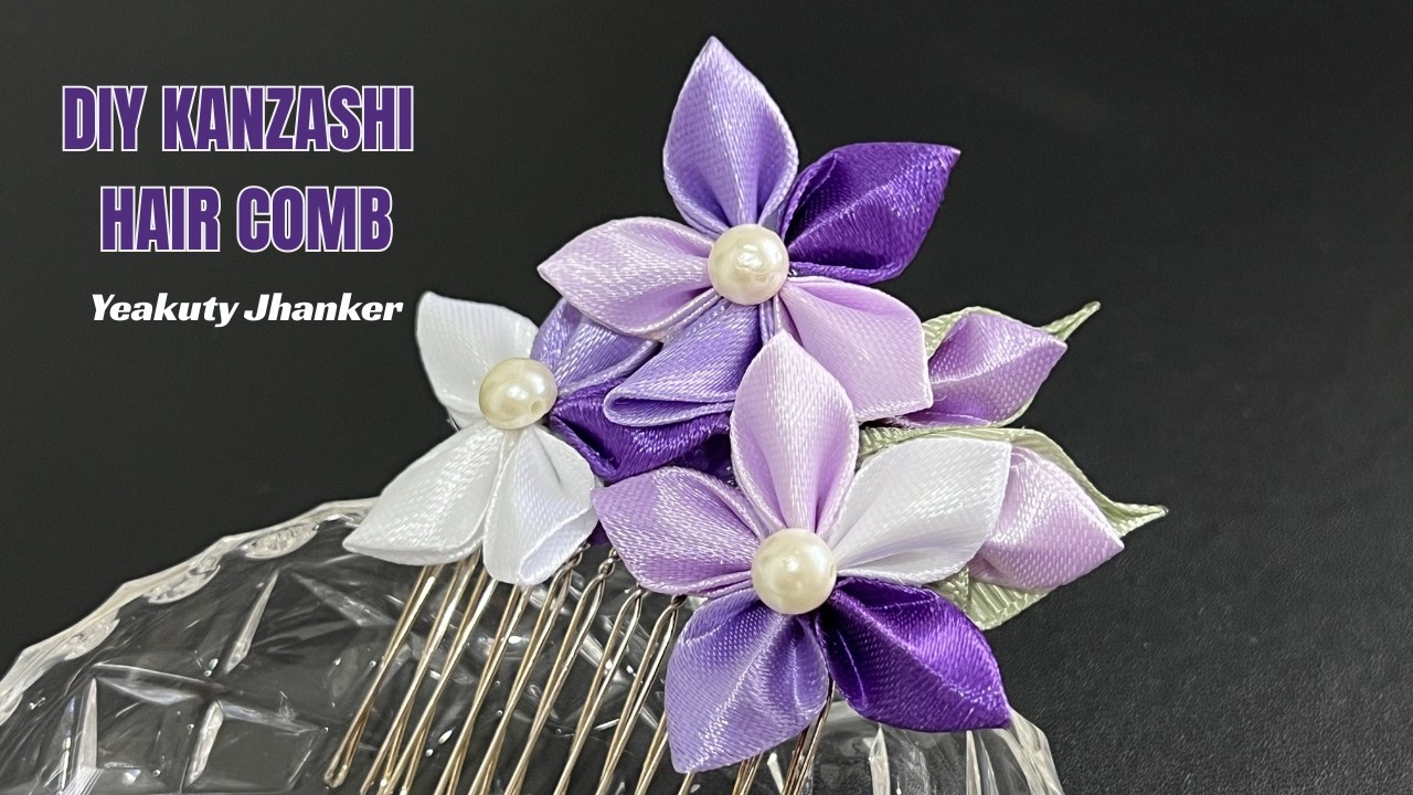 DIY Kanzashi Ribbon Flower Hairclip/Comb with Satin Ribbon. Easy Handmade Hair Accessories Tutorial.