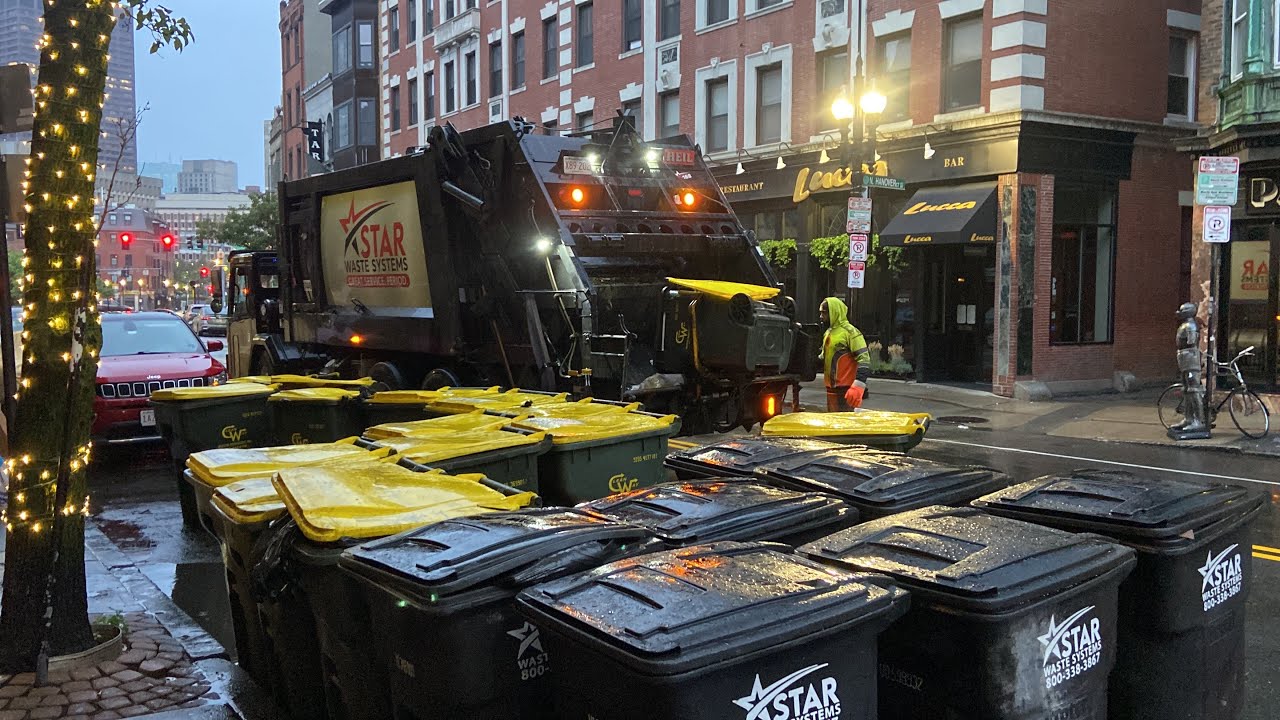 Boston Garbage Truck vs. MASSIVE Trash Cart Line