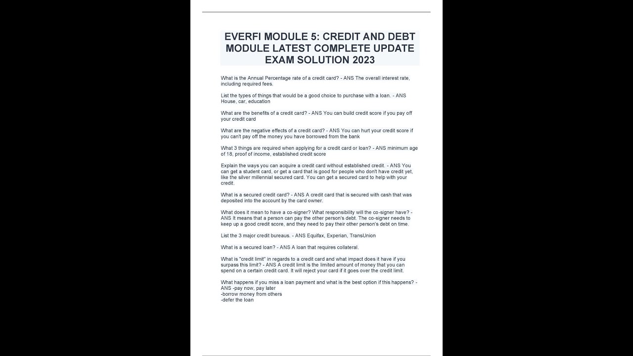 EVERFI MODULE 5; CREDIT AND DEBT MODULE LATEST COMPLETE UPDATE EXAM SOLUTION 2023
