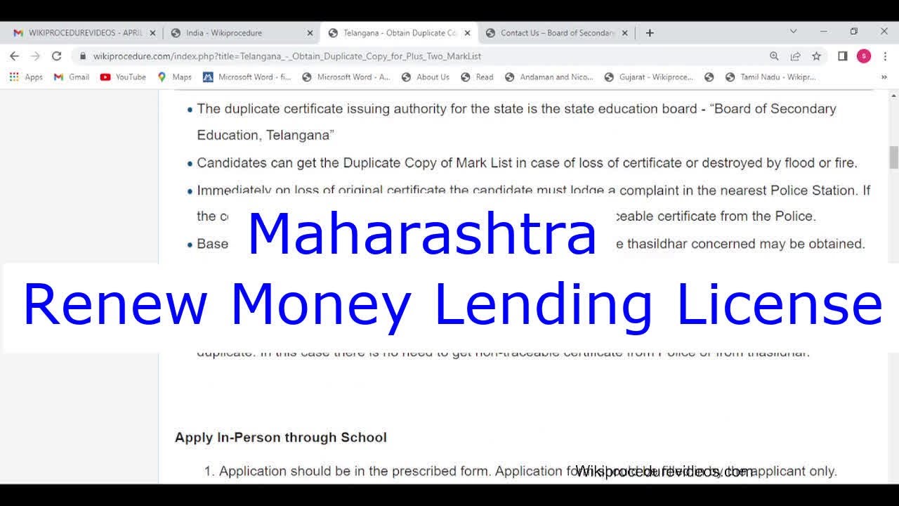 Maharashtra - Renew Money Lending License Online (Online)