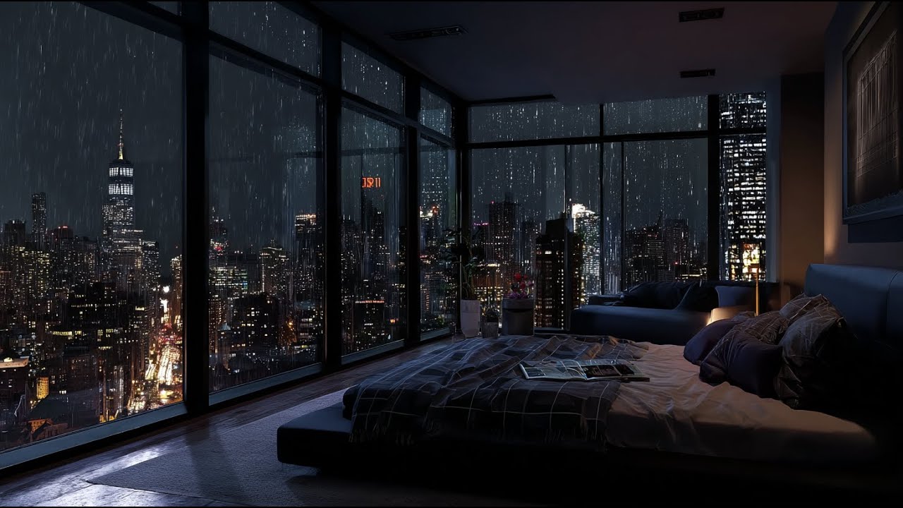 ( No Ads) Luxury Penthouse Rain Ambience🌃🌧️City Lights & Rainfall Sounds for Sleep, Focus and Calm