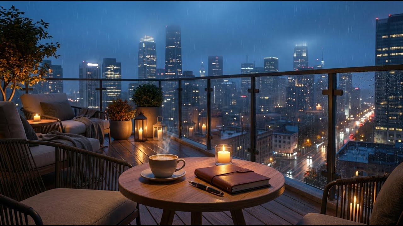 ☕ Cozy Rooftop Coffee Night | Rain & Jazz Lounge Vibes