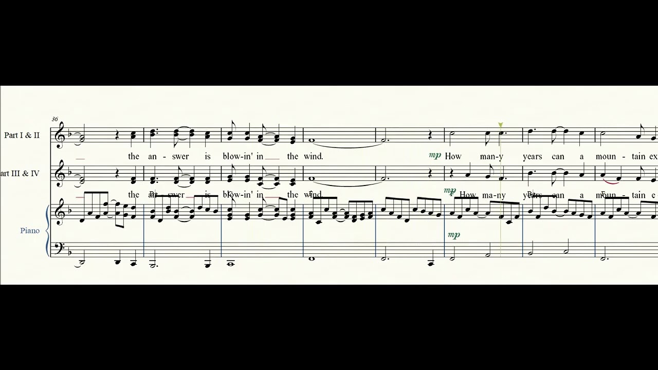 Blowin in the Wind arranged for four voices and piano