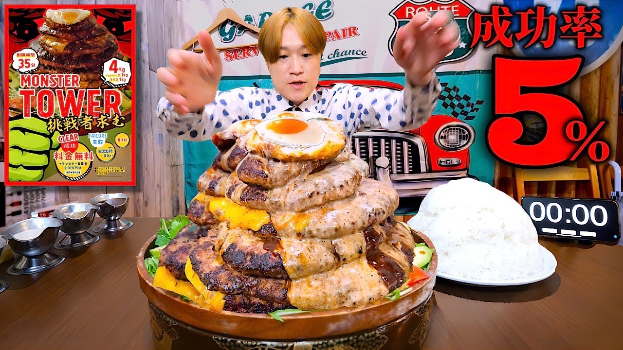 【大食い】成功率5%です…。モンスターハンバーグタワー4kgを制限時間35分で完食すればお代金無料‼️【大胃王】【モンスターグリル】