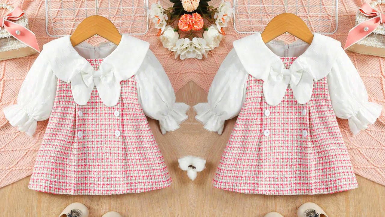 Adorable Tweed Plaid Chic Bow Collar Puffy Full Sleeve Baby Frock Cutting and Stitching | Baby Frock