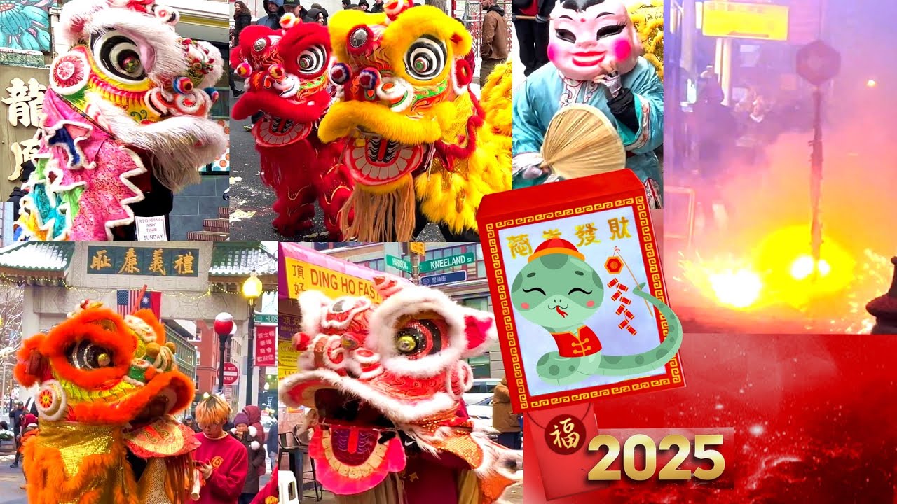 2025 Year of the Snake 🧧🍊🥬🧨. Firecrackers & Lion Dance CNY Boston Chinatown USA Parade Celebration