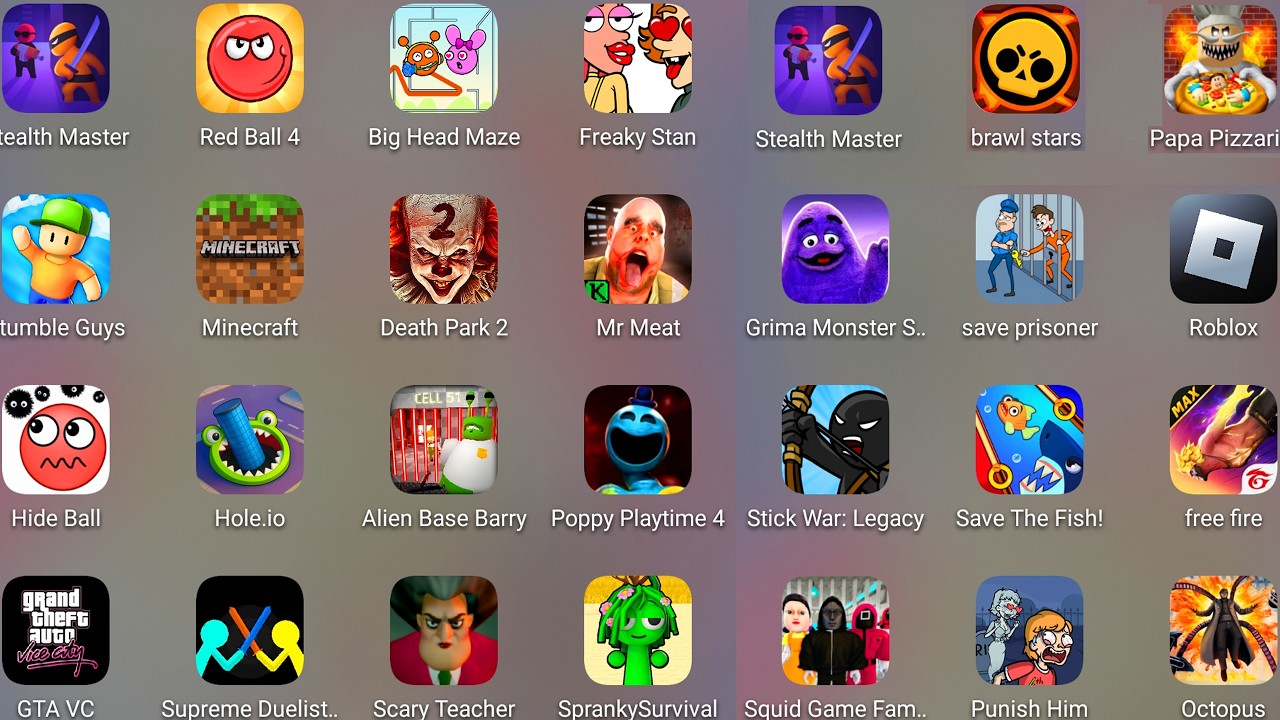Roblox,Sprunki Survival,Stumble Guys,Poppy Playtime 5,Save The Fish,Squid Game Family,Death Park 2..
