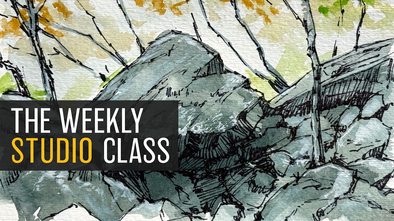 Your Weekly Studio Class: Try this! Ink line and color wash rock landscape!