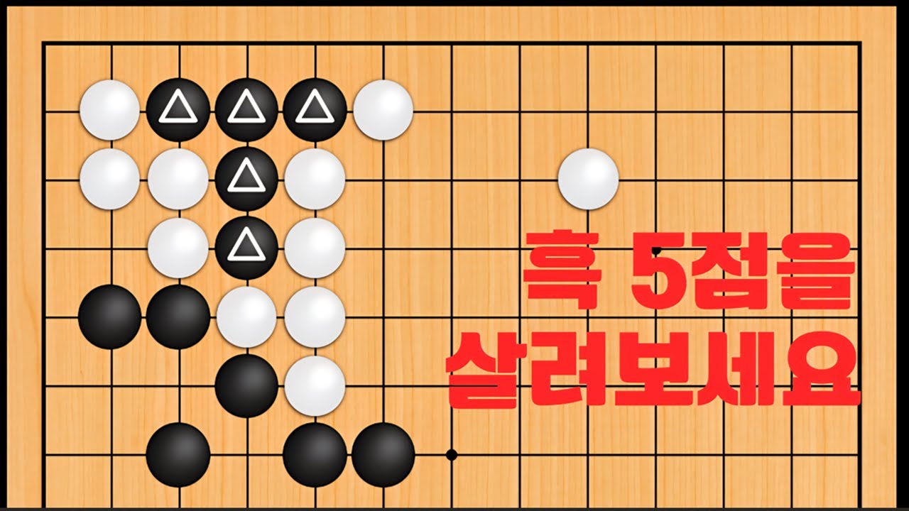 바둑 맥점 사활 - 족보에는 나오는 묘수가 나옵니다. 흑 5점을 살려보세요