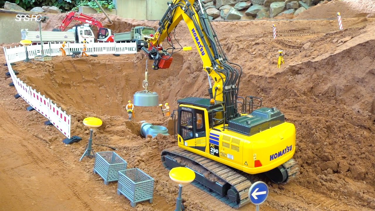 EXTREM LONG RC CONSTRUCTION SITE - LAYING PIPES// FUMOTEC TILIROTATOR-KOMATSU PC 290// CNSTRCTN WRLD