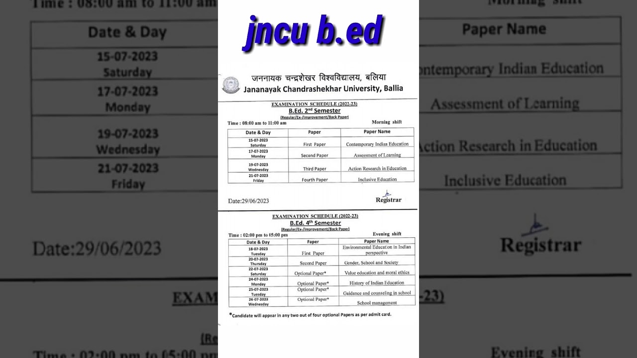 jncu B.ed time table जारी