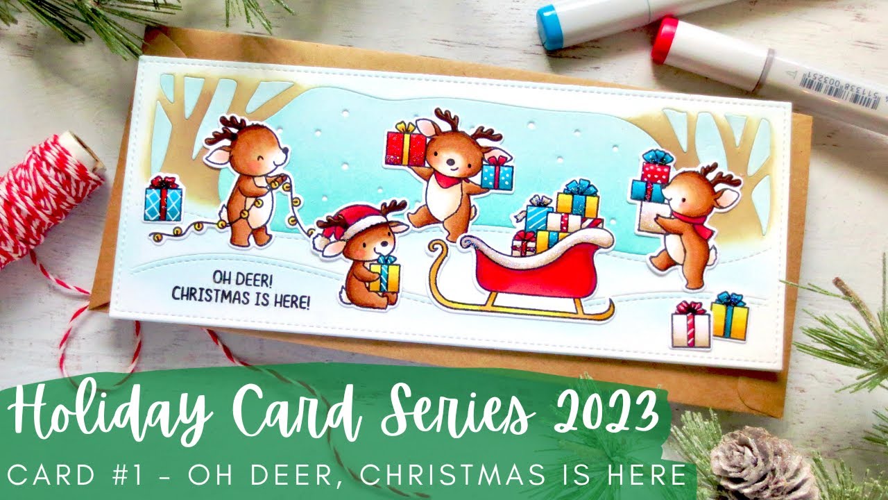 Holiday Card Series 2023 #1 | Mama Elephant | Copic Coloring a Snowy Slimline Scene