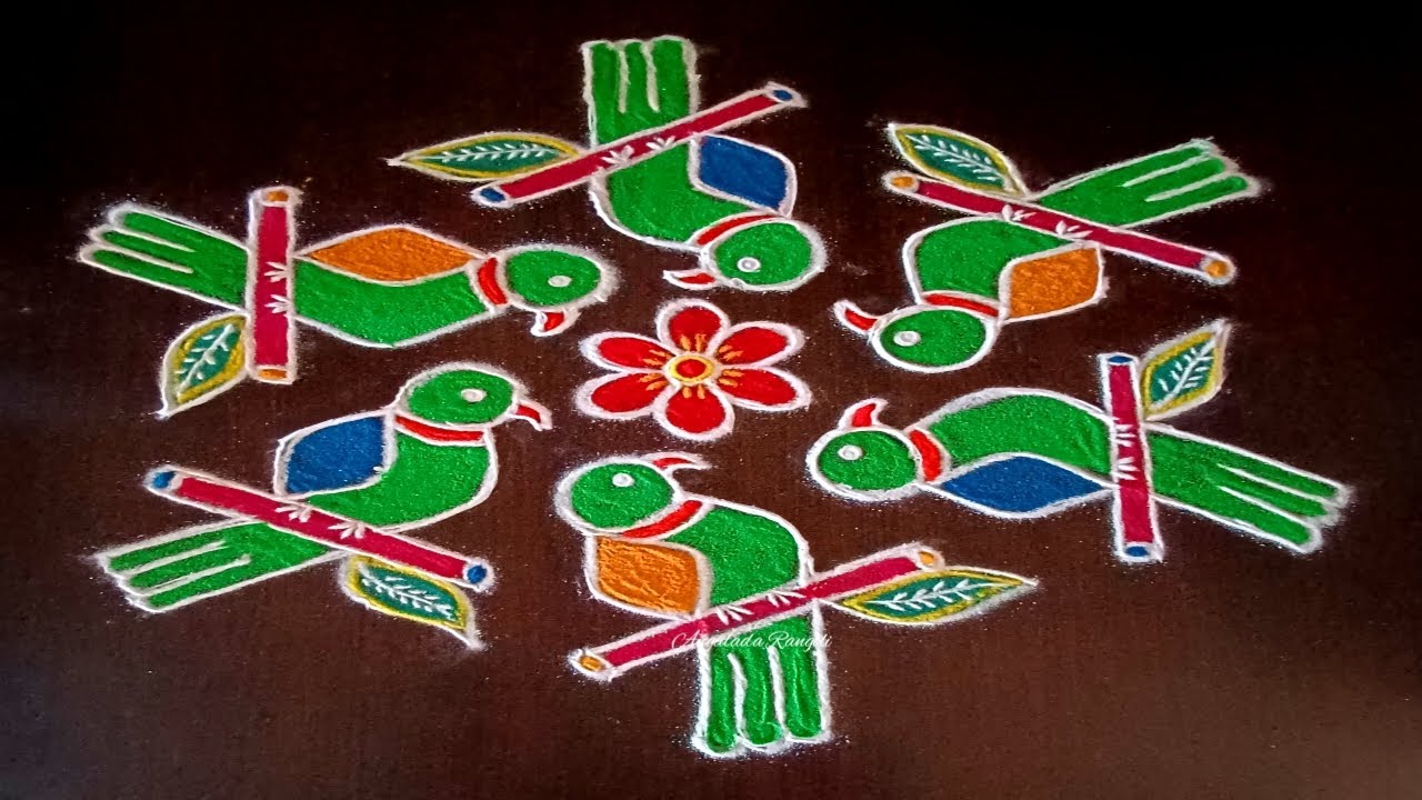 Easy birds rangoli with 11*6 dots/  Beautiful parrot rangolis/ daily muggulu/