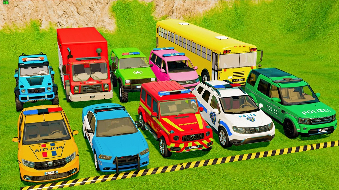 TRANSPORTING POLICE CARS, AMBULANCE, FIRE TRUCK, COLORFUL CARS WITH TRAIN -FARMING SIMULATOR 22!