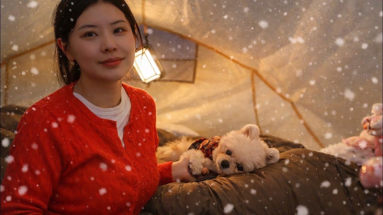 Тихая ночь с моей собакой в заснеженной палатке у моря | Camping ASMR 🌊❄️🐶