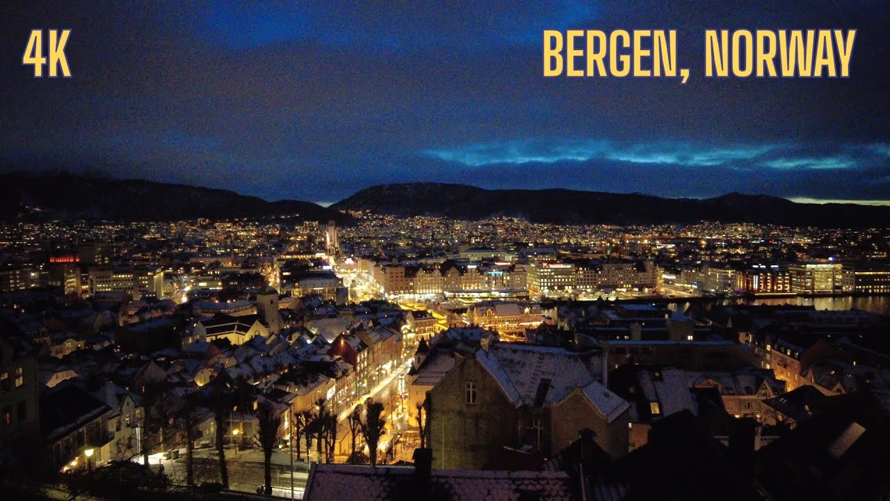 4K Snowy Streets of Bergen at Dusk