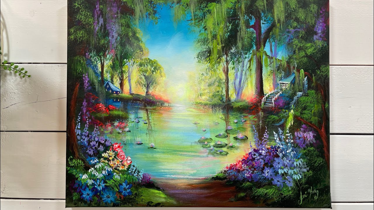 How To Paint A COTTAGE RETREAT | Flowers and Pond 🖌️ step by step Acrylic tutorial