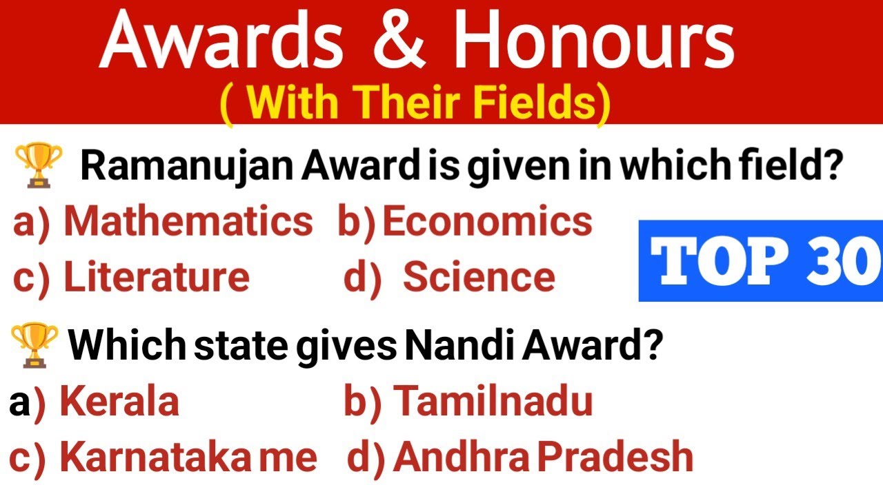 Awards & Honours GK| Important Awards in english| Awards & Their Fields| ssc cgl chsl Railway ntpc