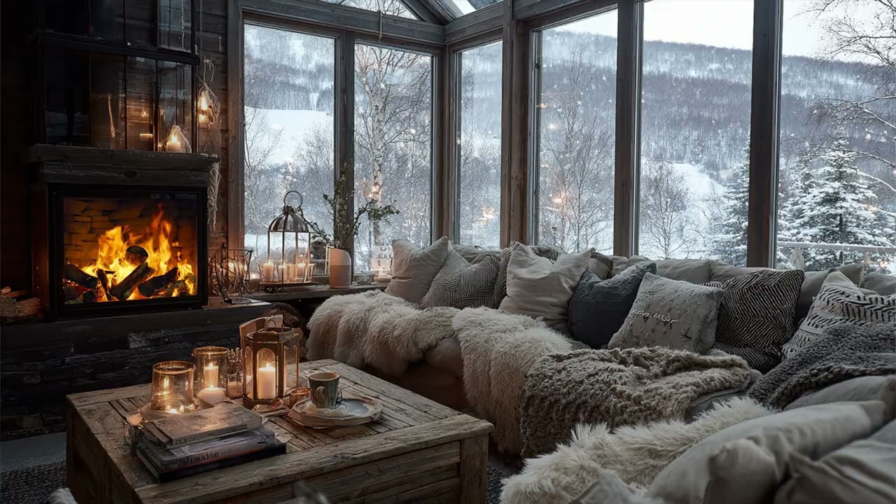 Soft Winter Snow Outside A Comfortable Living Room With Gentle Crackling Fire