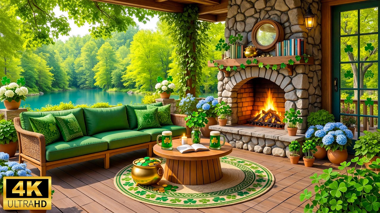 Relaxing Piano Irish Music & Warm Fireplace ☘️ Peaceful St. Patrick's Day by the Lake for Great Mood