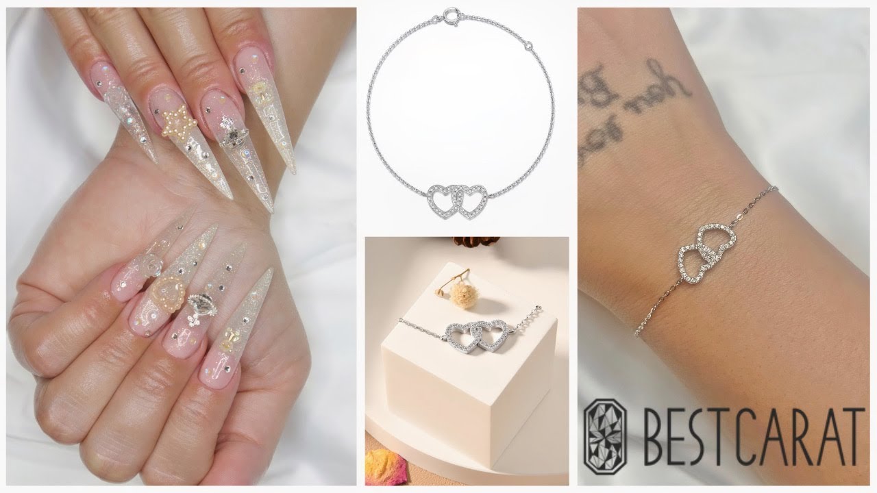 ✨✨Sparkly XL Glitter Nude Bling Stiletto Polygel Nails ft. BESTCARAT Jewelry✨✨