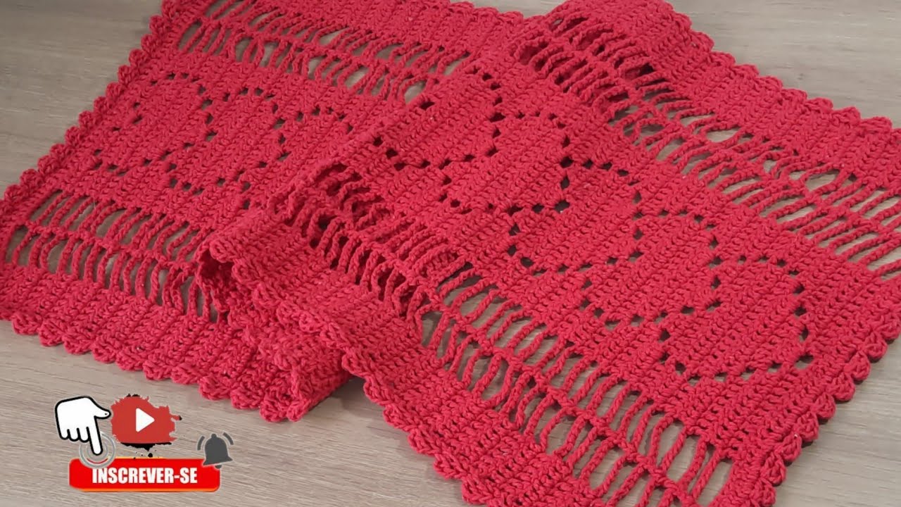 TRILHO DE MESA AMORE COM CORAÇÕES ENTRELAÇADOS | TRILHO DE MESA CROCHÊ FILÉ FÁCIL E ECONÔMICO