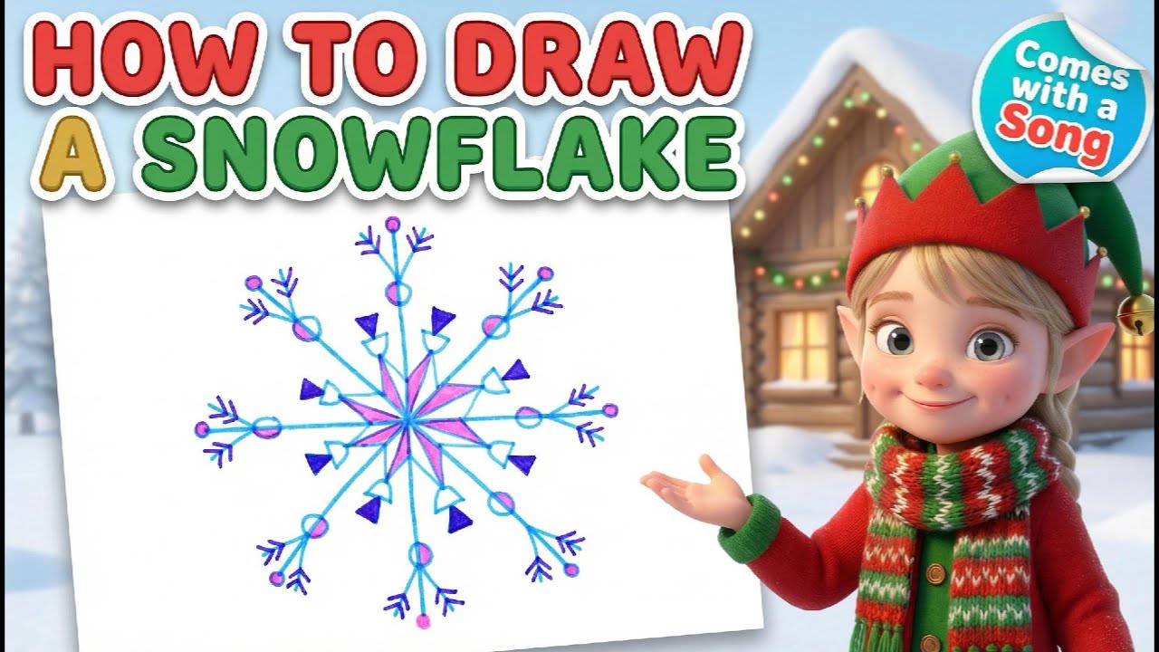 How to Draw a Snowflake (8-Minute Easy Kids Drawing Lesson) Draw & Sing with Ellie the Christmas Elf