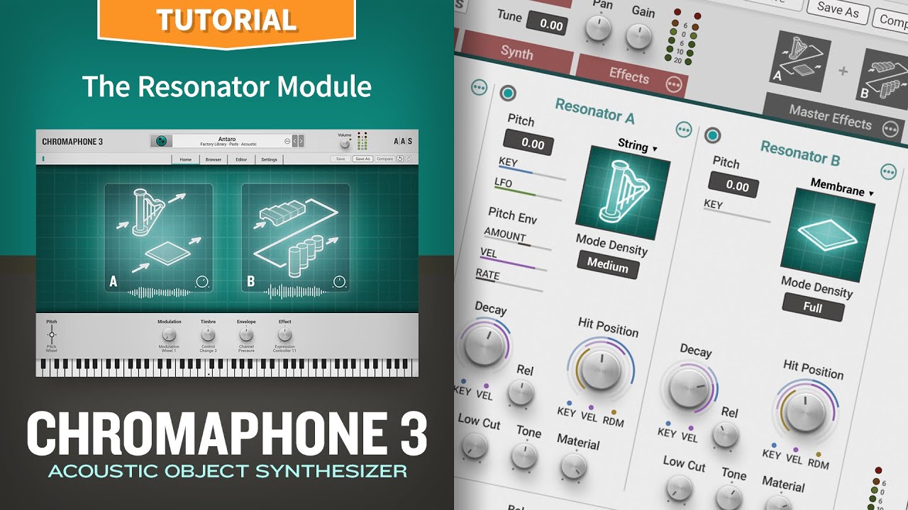 The resonator module with the Chromaphone 3 acoustic object synthesizer plug-in