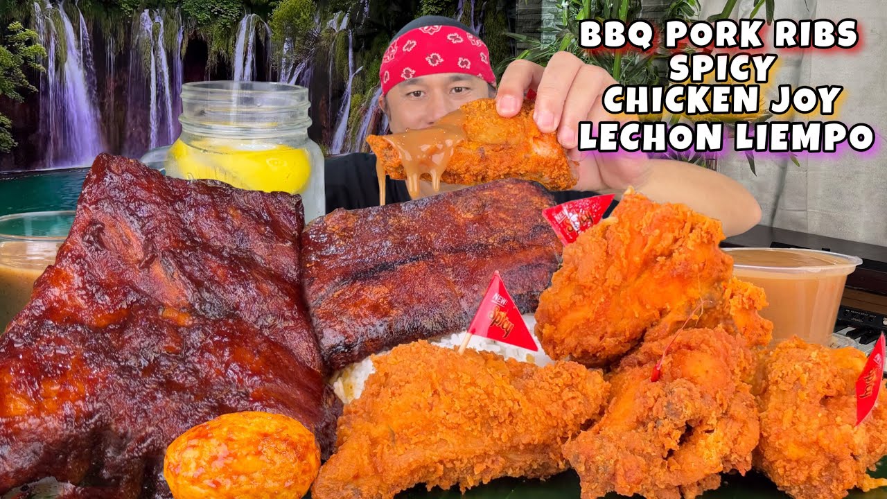 Bbq Pork Ribs with Egg, Spicy Chicken Joy, Lechon Liempo Mukbang Pinoy Mukbang