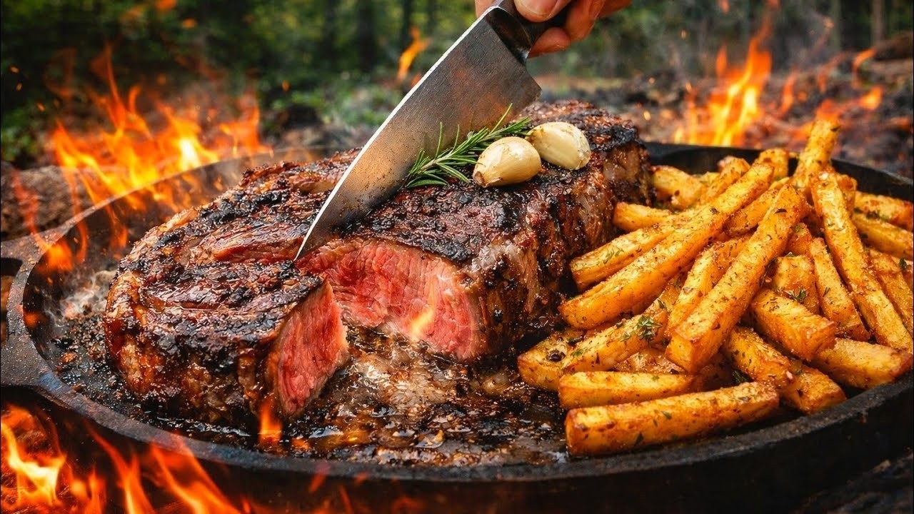 RIBEYE Steak & Garlic Butter Fries 🥩🍟 Ultimate Wild Campfire Cooking (ASMR)