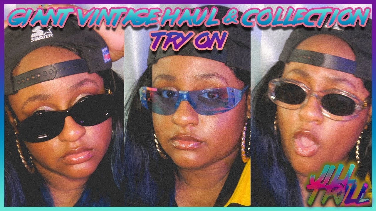 🕶90S SUNGLASSES!!!| GIANT VINTAGE SUNGLASSES HAUL & COLLECTION TRY ON| JILL TRILL👓