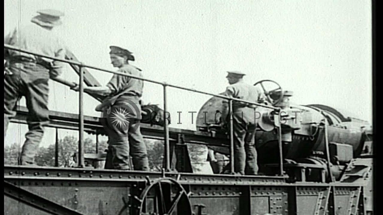 12-inch naval gun is loaded and fired in Battle of Arras during World War I in Fr...HD Stock Footage