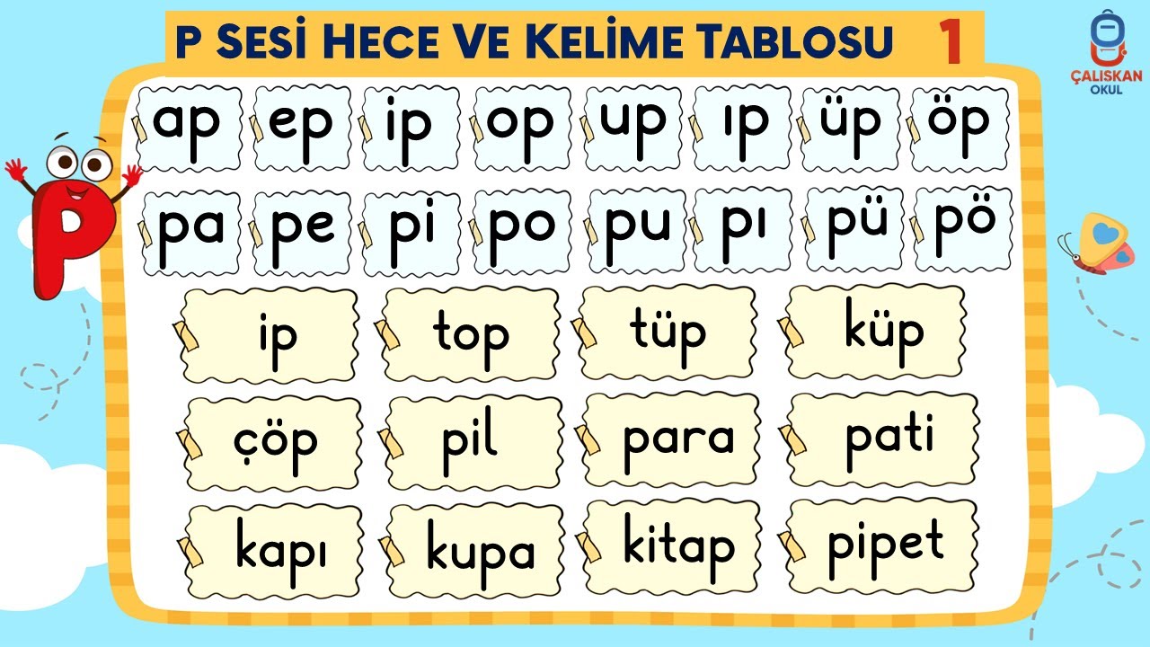 P Sesi Hece ve Kelime Tablosu - P Sesini &Ouml;ğreniyorum - Yeni M&uuml;fredat Okuma Yazma &Ouml;ğretimi
