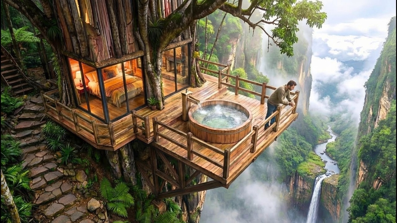 Building Tree House on a High Cliff Above a Waterfall ASMR