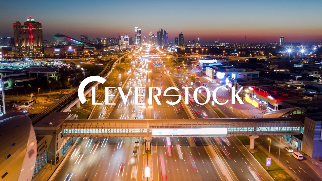 Aerial Of Urban Highway At Night Rush Hour Traffic City Panorama Metropolitan Landscape Low Light