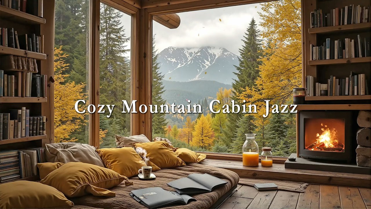 Cozy Mountain Cabin Jazz ☕ Warm Fireplace Glow & Peaceful Forest Reading Retreat
