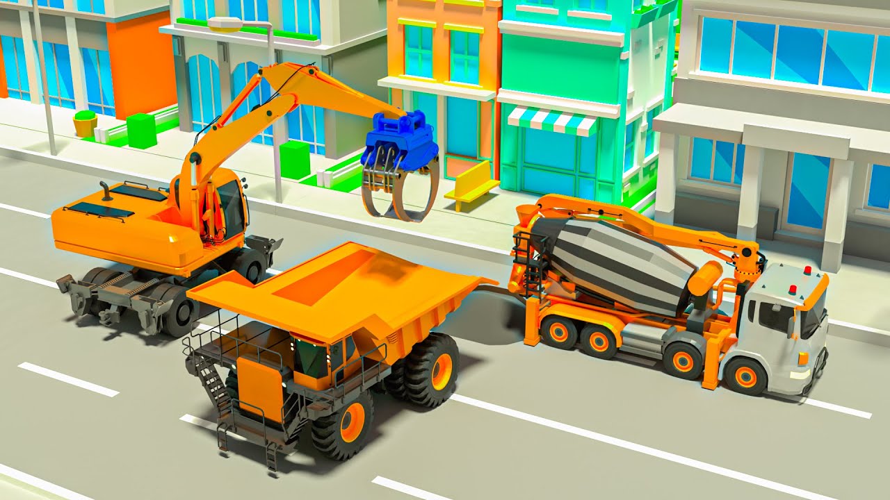 Fixing the Road with Excavators, Cement Mixers & Road Rollers | 3D Construction Animation