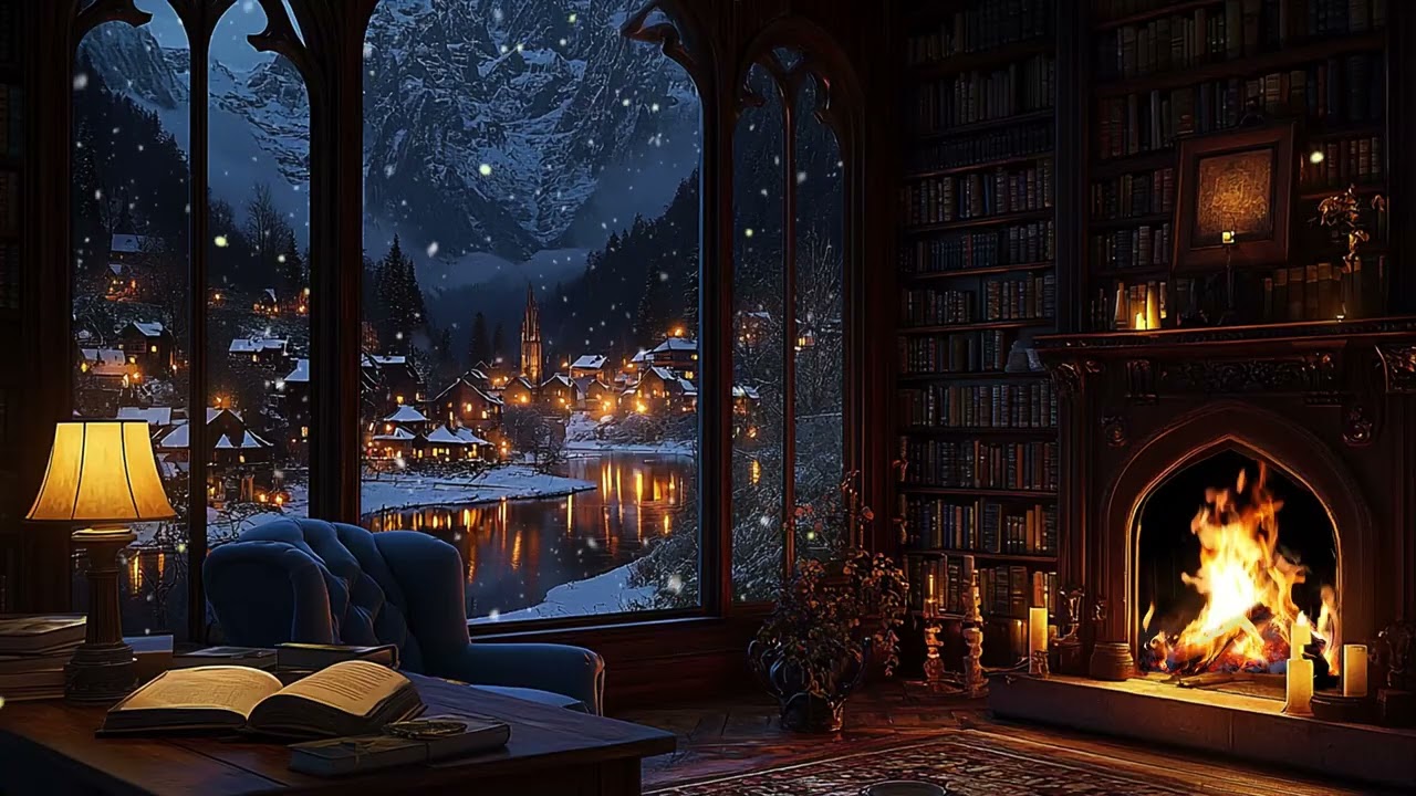 Candlelit Library Under Winter Sky | Calm Reading Ambience for Deep Intellectual Work