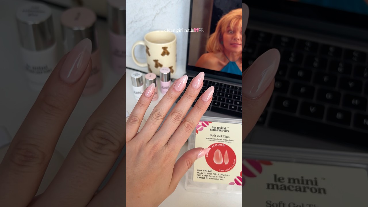 Clean girl nails using our Short Almond Gel Nail tips and 1 coat Honey Ginger with 1 coat Blush💕